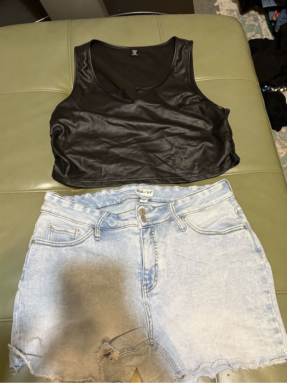 SHEIN Black Faux Leather Cropped Tank 2XL with Light Blue Denim Shorts 14W
